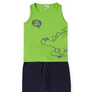 Completo IDO in cotone per bambino con canotta dinosauro e pantaloncino blu abbinato