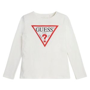 T-shirt GUESS per ragazza color bianco con logo centrale rosso e strass
