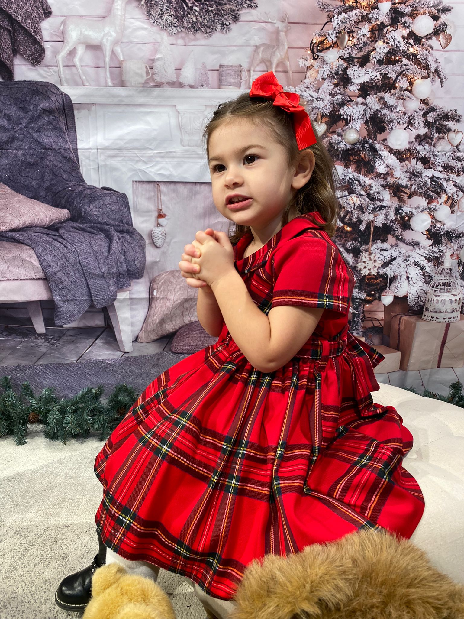 Abito IDO Natale cerimonia per bambina fantasia scozzese con fiocco in vita - immagine 5