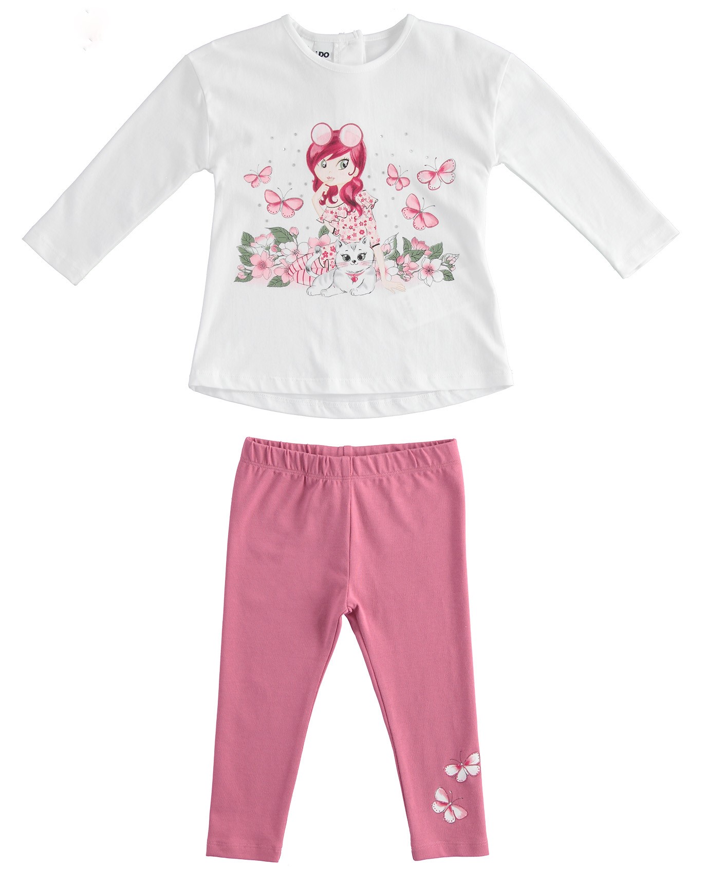 Completo IDO in cotone primaverile color antico e bianco, stampa bimba con gattino - immagine 2