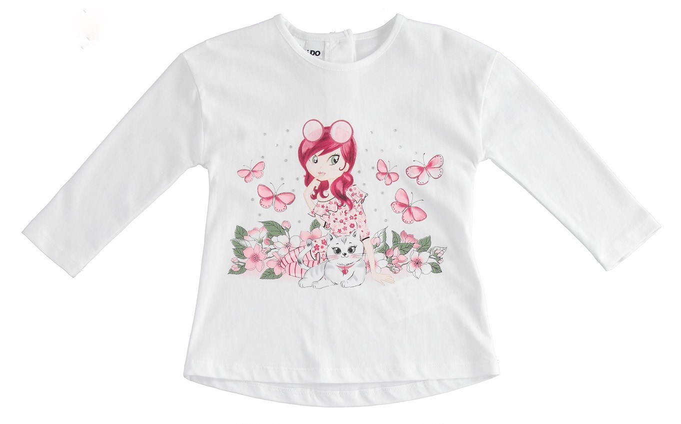 Completo IDO in cotone primaverile color antico e bianco, stampa bimba con gattino - immagine 3