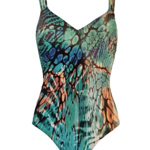 Costume donna SUNFLAIR, modello intero color blu e verde oltremare fantasia animalier