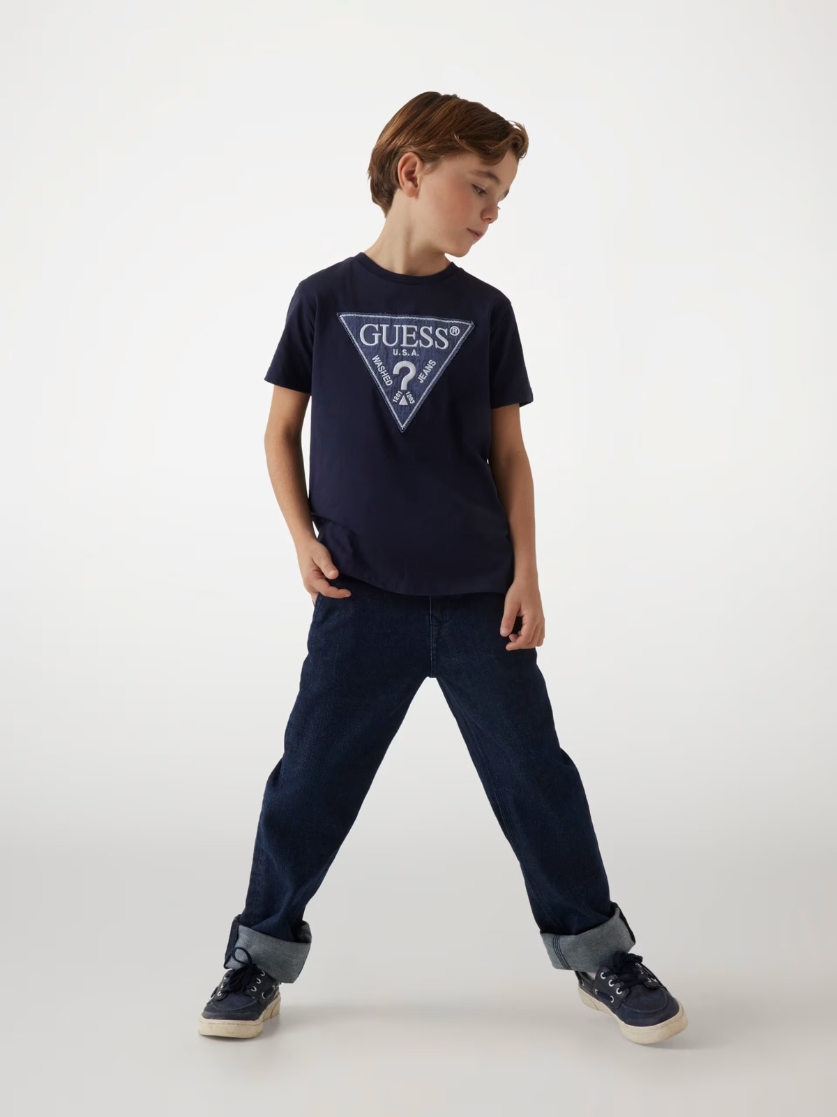 T-shirt GUESS per ragazzo color blu con inserto logo GUESS in jeans - immagine 5