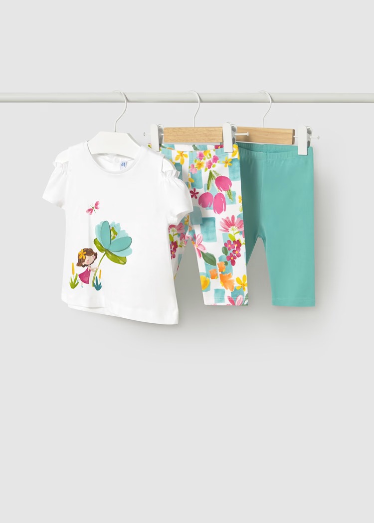 Completo 3 pezzi MAYORAL per bambina con t-shirt bianca e due legging abbinati