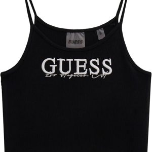 Top canotta GUESS spallinetta, modello cropped, color NERO con scritta ricamata in bianco