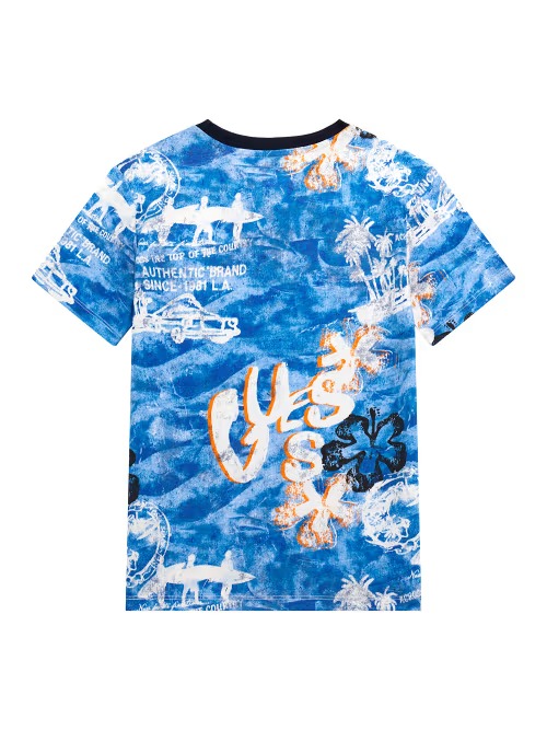 T-shirt GUESS per ragazzo color jeans effetto slavato e scritta GUESS ricamata in arancione - immagine 3