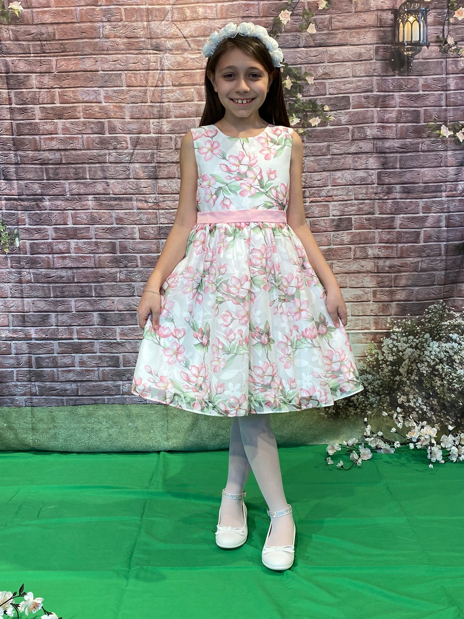 Abito cerimonia HAPPY GIRL per ragazza in chiffon color bianco in fantasia floreale fuxia