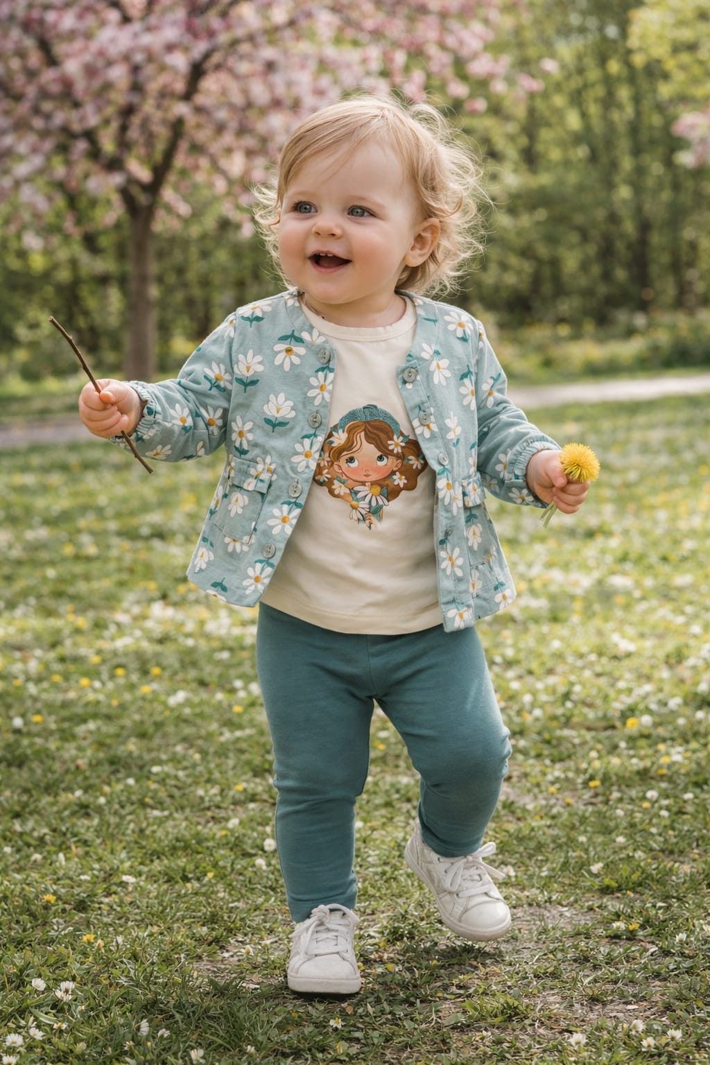 Completo 3 pezzi MAYORAL primaverile con giacchina verde con margherite, t-shirt e legging verde