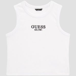 Top canotta GUESS manica tagliata, modello girocollo e cropped, color bianco con scritta ricamata in nero
