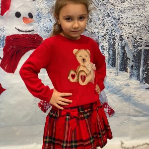 Completo IDO per bambina con gonnellina in tartan rosso e maglioncino con orsetto