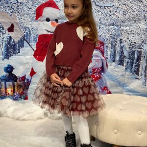 Completo IDO invernale color con gonna tulle e maglione tonalità bordeaux con cuori panna
