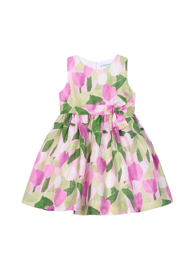 Abito in lino MAYORAL elegante cerimonia color malva con motivo floreale – tonalità fuxia - immagine 3