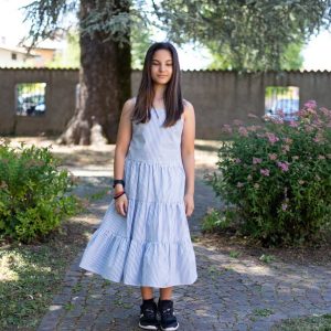 Abito estivo IDO in cotone per ragazza a righine bianche e azzurre