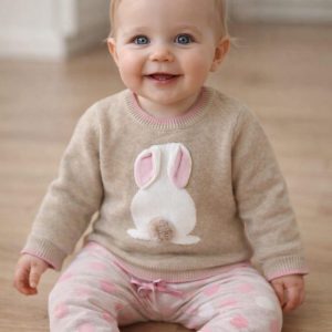 Completo  2 pezzi CHICCO invernale con maglioncino coniglietta e pantalone rosa a pois