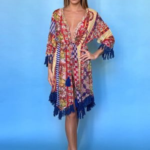 Abito donna ANTICA SARTORIA POSITANO, modello a kimono in fantasia gialla e rossa