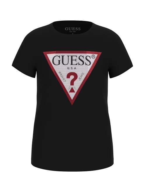 T-shirt GUESS primaverile in cotone, color nero con logo GUESS centrale fuxia in strass - immagine 4
