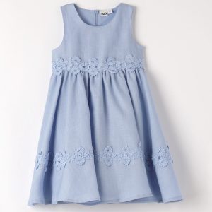 Abito vestito cerimonia IDO in lino color indaco con fiorellini applicati