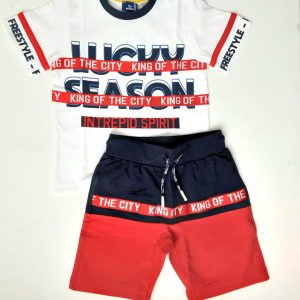 Completo CHICCO t-shirt Lucky season + pantaloncino rosso e blu