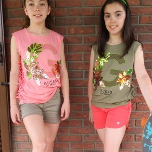 Canotta GUESS color arancio in cotone con perline e paillettes