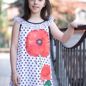 Abito cerimonia Rubacuori, leggero tessuto voile, color bianco a pois neri e papavero