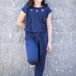 Tuta con pantalone Rubacuori in cotone, color blu con dettagli in strass