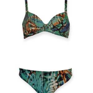 Costume donna SUNFLAIR, modello BIKINI coppa morbida con ferretto fantasia anumalier su base smeraldo