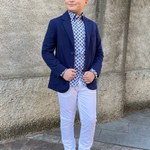 Completo cerimonia IDO per ragazzo con giacca blu, camicia e pantalone bianco