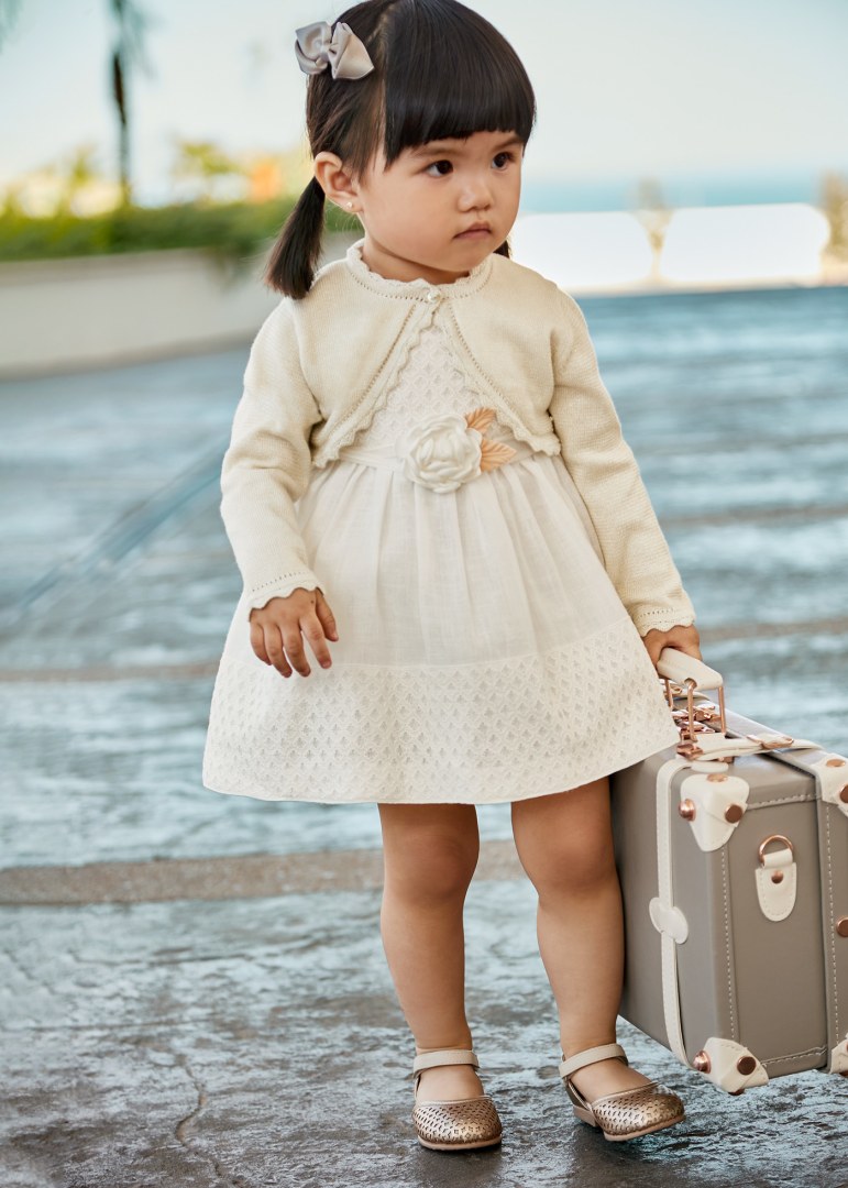 Abito vestito in cotone MAYORAL per neonata color avorio con inserto in pizzo – cerimonia - immagine 6