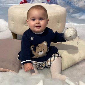 Completo  2 pezzi CHICCO invernale con pantaloncino scozzese e maglioncino blu con orsetta