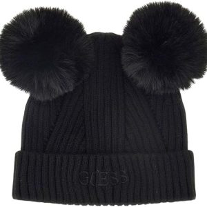 Cappello GUESS per bambina e ragazza  in maglia color nero – design a costine con doppio pompon