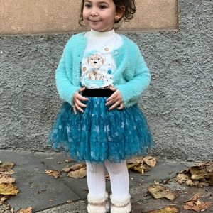 Completo IDO  per bambina con gonnellina in tulle, t-shirt e maglioncino verde acqua