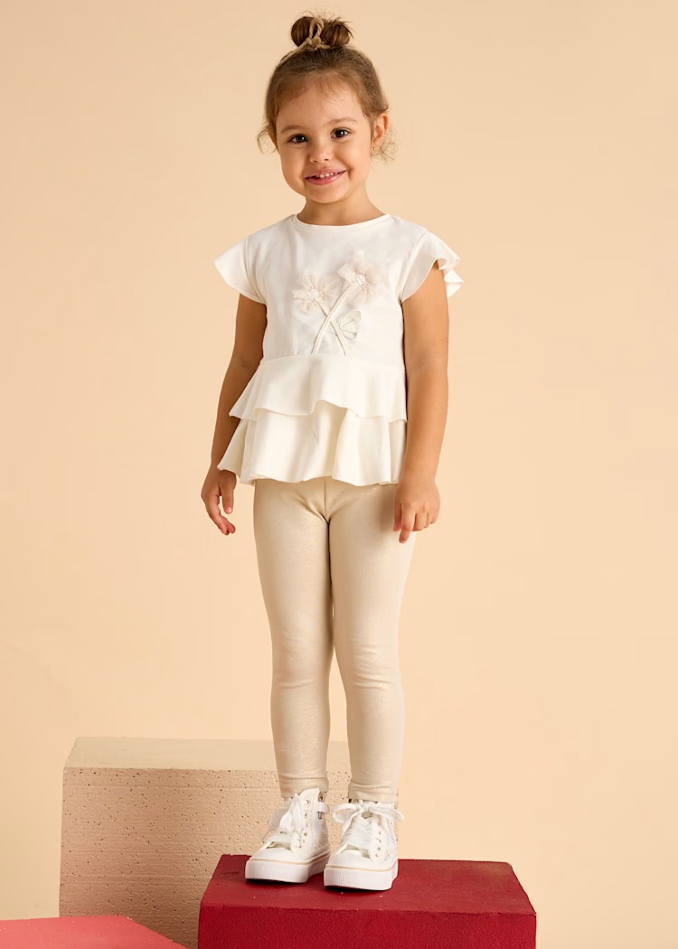 Completo MAYORAL per bambina con legging lungo dorato e t-shirt con volants e glitter
