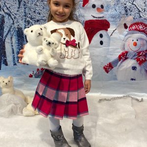 Completo IDO per bambina con gonnellina in tartan fuxia e maglioncino con cagnolino