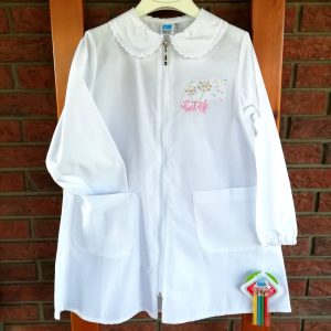 Grembiule scuola SIGGI bianco con cerniera, ricamo fiorellini