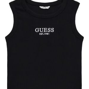 Top canotta GUESS manica tagliata, modello girocollo e cropped, color NERO con scritta ricamata in bianco