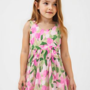 Abito in lino MAYORAL elegante cerimonia color malva con motivo floreale – tonalità fuxia