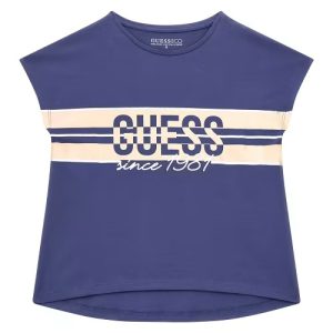T-shirt GUESS primaverile in cotone, color blu con scritta rosata centrale