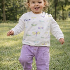 Completo  2 pezzi CHICCO primaverile con felpa panna con libellule colorate e pantaloncino lilla