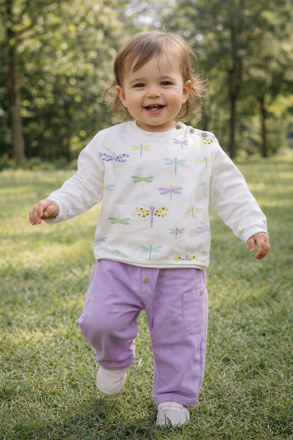 Completo 2 pezzi CHICCO primaverile con felpa panna con libellule colorate e pantaloncino lilla