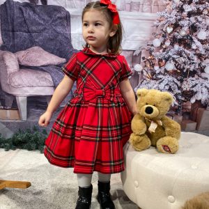 Abito IDO Natale cerimonia per bambina fantasia scozzese con fiocco in vita