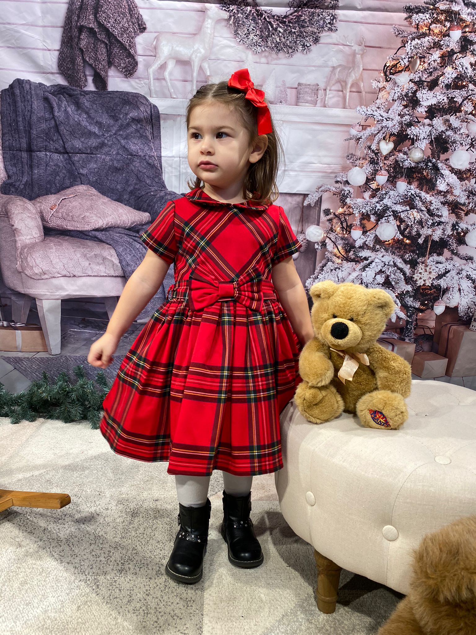 Abito IDO Natale cerimonia per bambina fantasia scozzese con fiocco in vita