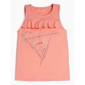 Canotta GUESS, modello girocollo, color pesca con decoro strass e volant