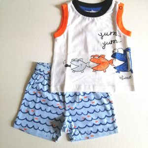 Completo CHICCO per neonato, pantalone + canotta in cotone, fantasia pesciolini