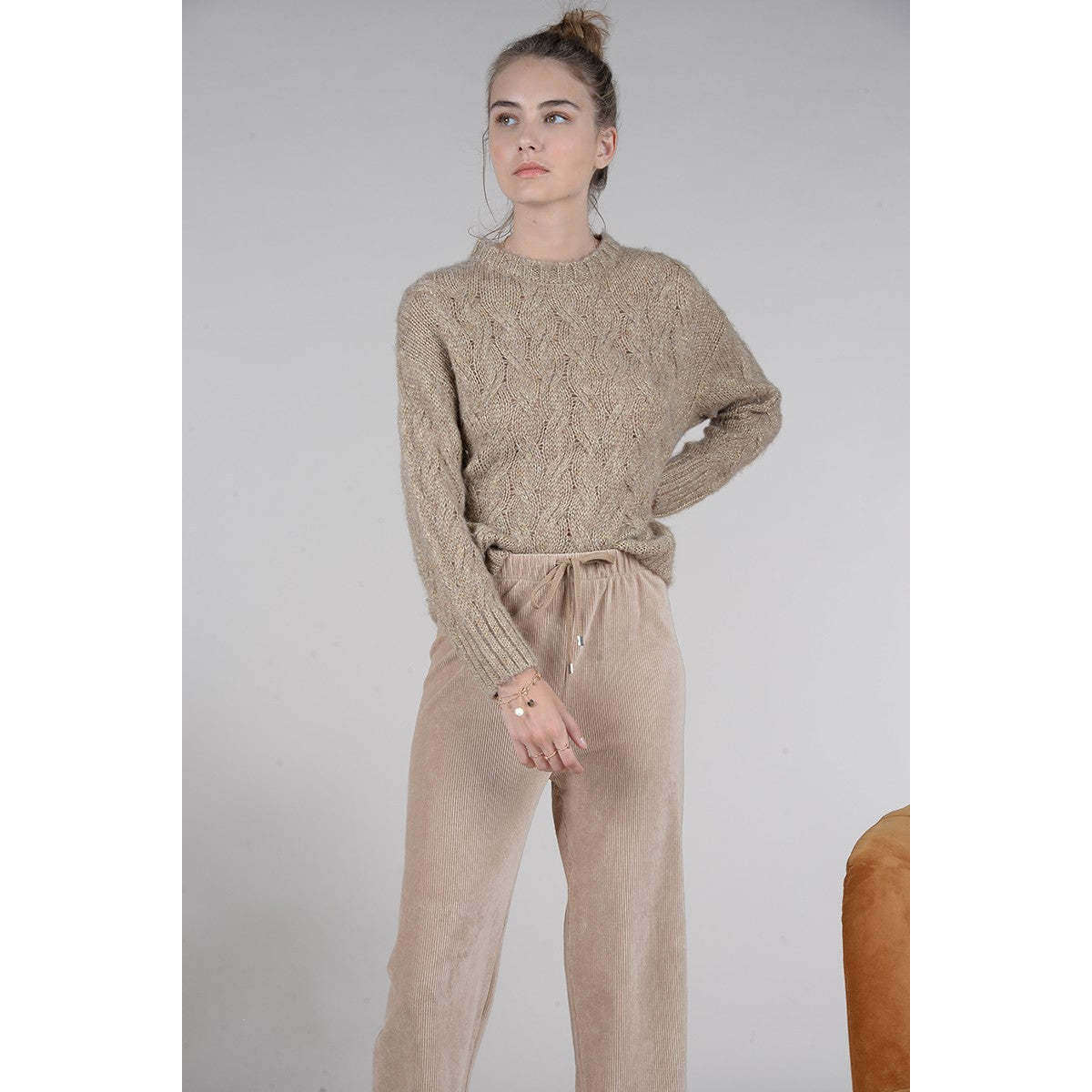 Molly Bracken Donna Maglia Intrecciata Jersey Girocollo Manica Lunga Champagne - immagine 2