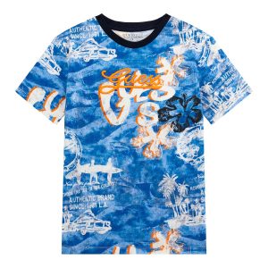 T-shirt GUESS per ragazzo color jeans effetto slavato e scritta GUESS ricamata in arancione