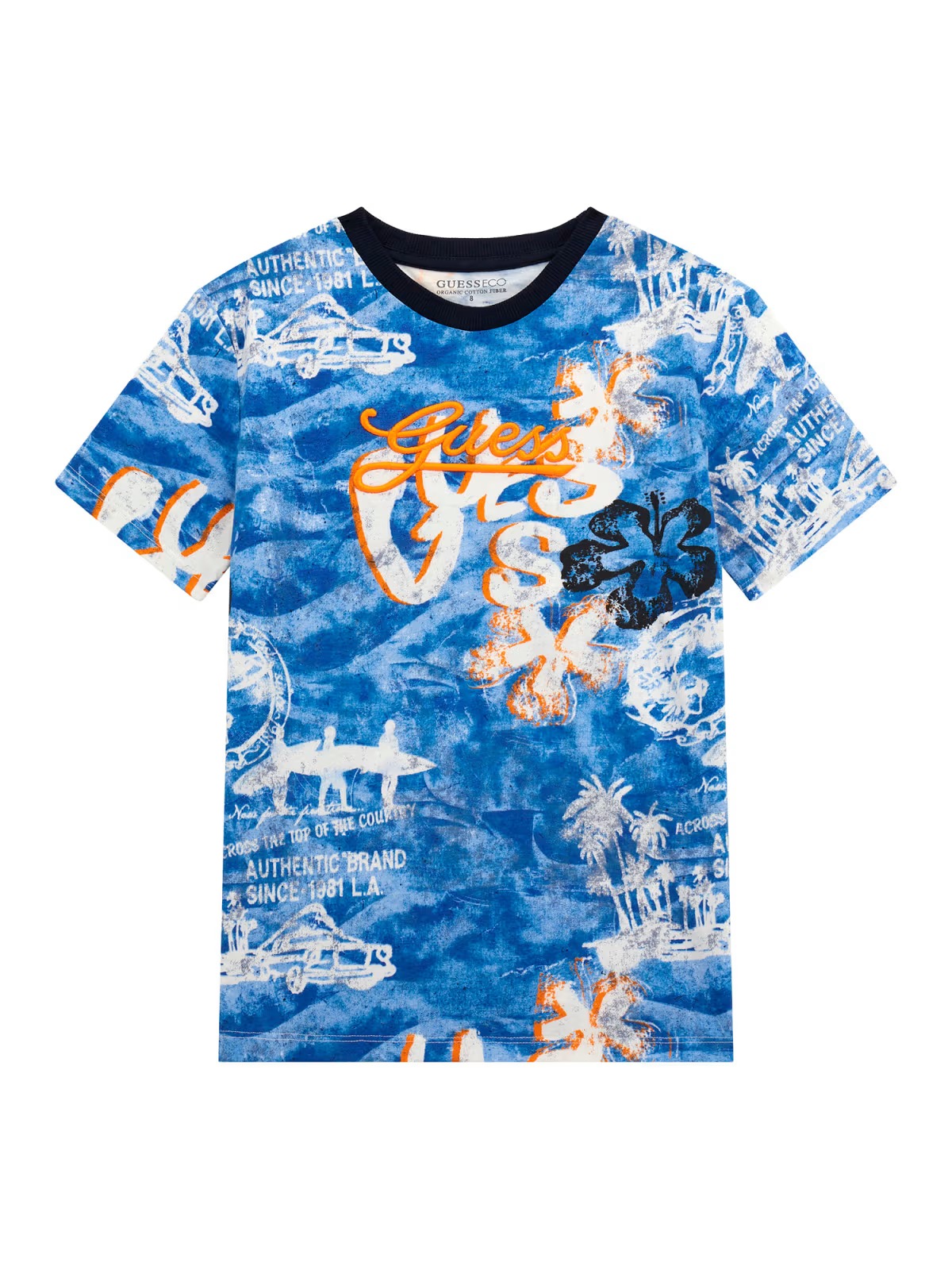 T-shirt GUESS per ragazzo color jeans effetto slavato e scritta GUESS ricamata in arancione - immagine 2