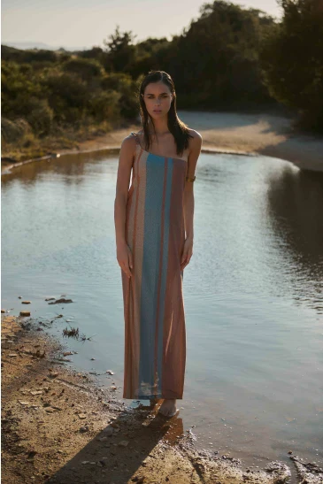 ABITO MONOSPALLA TRECCIA LUREX RIGA TURCHESE-CIOCCOLATO Bikini Mi.Ma - immagine 3