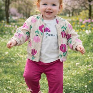 Completo  3 pezzi CHICCO primaverile con giacchina fantasia fiori, t-shirt e pantaloncino fuxia abbinato