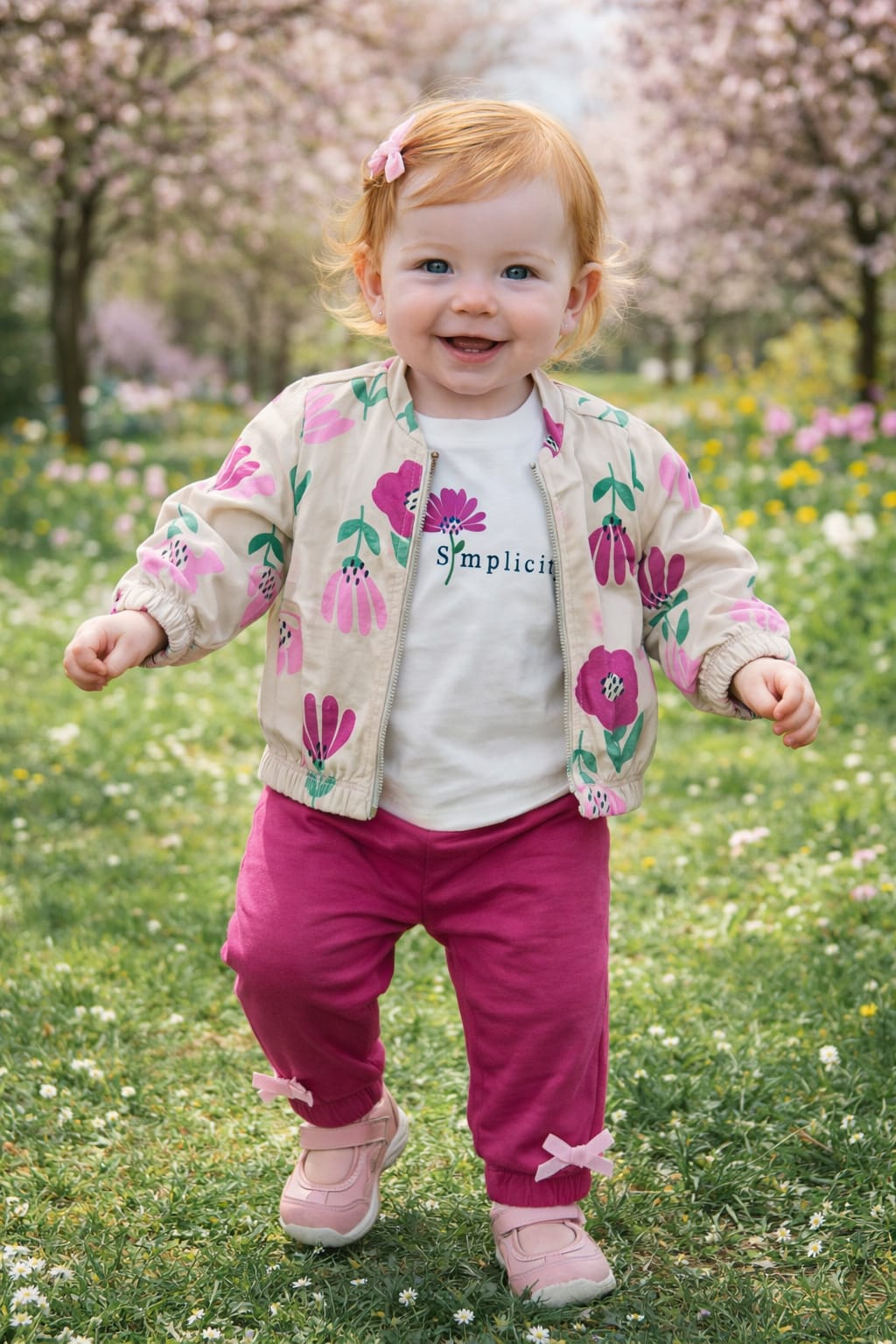 Completo 3 pezzi CHICCO primaverile con giacchina fantasia fiori, t-shirt e pantaloncino fuxia abbinato - immagine 2