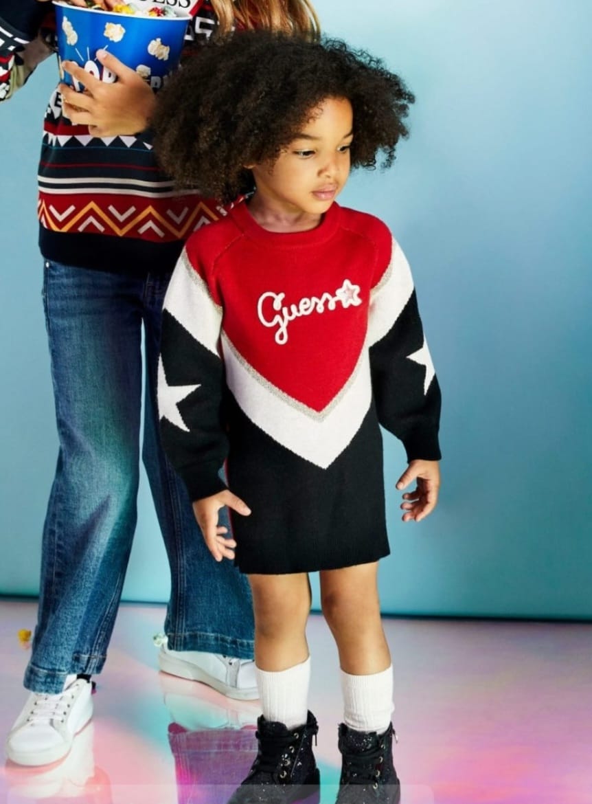 Miniabito GUESS Natale cerimonia per bambina in tricot nero rosso e panna - immagine 2